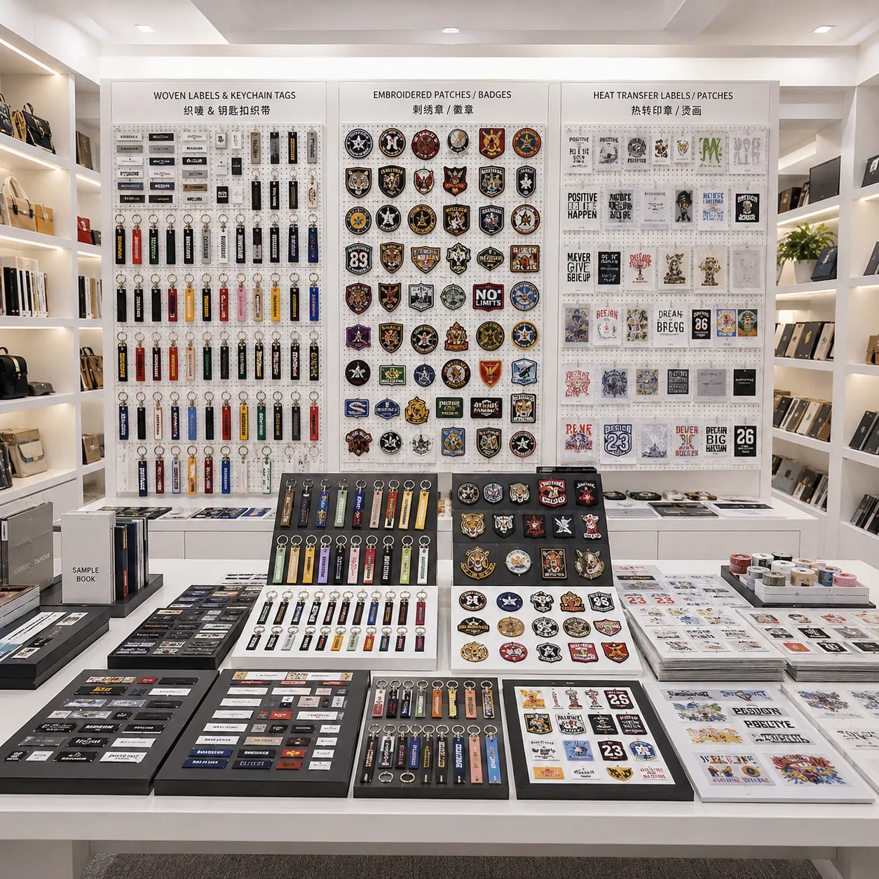 RX Custom Patch Factory showroom displaying woven labels, keychains, embroidered patches and heat transfers