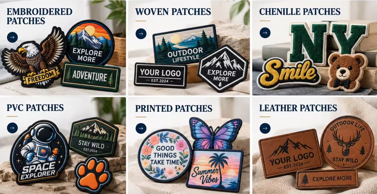 Custom patch types - embroidered, woven, chenille, PVC, printed and leather patches